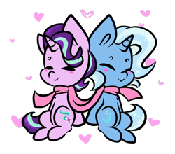 Size: 1000x879 | Tagged: safe, artist:ashee, character:starlight glimmer, character:trixie, species:pony, species:unicorn, ship:startrix, blushing, chibi, clothing, cute, diatrixes, eyes closed, female, glimmerbetes, heart, lesbian, mare, scarf, shared clothing, shared scarf, shipping, simple background, sitting, smiling, transparent background