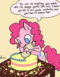 Size: 1100x1400 | Tagged: safe, artist:rwl, character:pinkie pie, species:earth pony, species:pony, advice, baking, bob ross, cake, caption, cooking, cute, dialogue, diapinkes, female, food, frosting, heartwarming, inspiration, inspirational, mare, motivational, positive ponies, quote, simple background, solo, speech bubble, steve ross, sweet dreams fuel, thought bubble, wholesome, yellow background