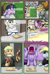 Size: 2160x3168 | Tagged: safe, artist:firefanatic, character:applejack, character:bon bon, character:doctor whooves, character:flutterbat, character:fluttershy, character:pinkamena diane pie, character:pinkie pie, character:rainbow dash, character:rarity, character:sweetie drops, character:time turner, character:twilight sparkle, character:twilight sparkle (alicorn), satyr, species:alicorn, species:bat pony, species:human, species:pony, comic:agents of hoo-men, armor, chest fluff, comic, cyborg, dialogue, fire, fluffy, frightened, gun, monster pony, nose in the air, original species, race swap, semi-grimdark series, species swap, spiderpony, tatzljack, tatzlpony, vulgar, weapon, what is hoo-man, yelling