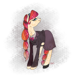 Size: 2000x2000 | Tagged: safe, artist:sourcherry, oc, oc only, species:crystal pony, species:pony, fallout equestria, business suit, businessmare, clothing, crystal pony oc, female, glitter, jewelry, jewels, long mane, mare, shoes, simple background, solo