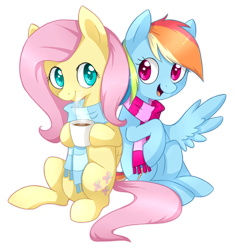 Size: 952x1005 | Tagged: safe, artist:lightning-stars, character:fluttershy, character:rainbow dash, clothing, duo, mug, scarf, simple background, sitting