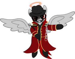 Size: 4001x3169 | Tagged: safe, artist:waveywaves, oc, oc only, oc:waves, avatar (band), broken chains, chains, clothing, cosplay, costume, face paint, flying, gloves, grin, halo, hat, looking at you, makeup, simple background, smiling, transparent background, wings