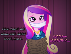 Size: 1010x768 | Tagged: safe, artist:snakeythingy, character:dean cadance, character:princess cadance, equestria girls:friendship games, g4, my little pony: equestria girls, my little pony:equestria girls, bondage, bound and gagged, cloth gag, damsel in distress, dialogue, gag, manip, muffled words, peril, photomanipulation, rope, story included, tied up