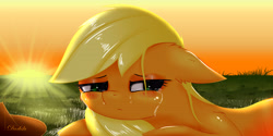 Size: 6400x3200 | Tagged: safe, artist:darksly, character:applejack, species:pony, clothing, cowboy hat, crying, female, hat, mare, sad, stetson, sun, tree