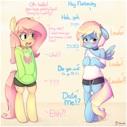 Size: 3333x3333 | Tagged: safe, artist:hoodie, character:fluttershy, character:rainbow dash, species:pegasus, species:pony, ship:flutterdash, bipedal, blushing, care mare, clothing, collar, cute, dashabetes, duo, embarrassed, female, hoodie, lesbian, mare, offscreen character, personality swap, semi-anthro, shipping, shirt, shorts, shy, shy dashie, shyabetes, text