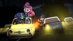 Size: 3840x2160 | Tagged: safe, artist:fishimira, character:applejack, character:maud pie, character:pinkie pie, character:rarity, 3d, car chase, fiat 500, lupin the 3rd, megaphone, police car, source filmmaker