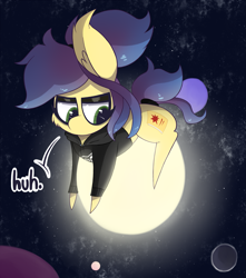 Size: 2089x2365 | Tagged: safe, artist:dragonpone, derpibooru original, oc, oc only, oc:star shelf, species:earth pony, species:pony, cheek fluff, clothing, dialogue, ear fluff, eyeshadow, female, giant pony, goth, hoodie, huh, lidded eyes, looking down, macro, makeup, mare, planet, pony bigger than a planet, ponytail, solo, space, stars, sweater, tail wrap, tangible heavenly object