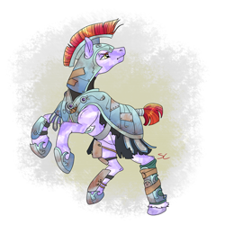 Size: 2000x2000 | Tagged: safe, artist:sourcherry, oc, oc only, unnamed oc, species:crystal pony, species:pony, armor, crystal guard, crystal guard armor, helmet, male, rearing, simple background, solo, stallion, tail wrap, tape