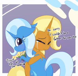 Size: 1662x1629 | Tagged: safe, artist:dragonpone, derpibooru original, idw, character:sunflower spectacle, character:trixie, species:pony, species:unicorn, g4, bouquet, crying, cute, daughter, dialogue, diatrixes, duo, duo female, eyes closed, feels, female, floppy ears, flower, heart, hug, like mother like daughter, looking back, mare, mother, mother and daughter, mother's day, sad, smiling, sunflower, teary eyes