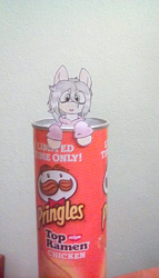 Size: 912x1600 | Tagged: safe, artist:scraggleman, oc, oc only, oc:floor bored, species:earth pony, species:pony, chips, clothing, food, hoodie, irl, messy mane, paper child, photo, ponies in real life, potato chips, pringles, solo, tiny ponies, traditional art