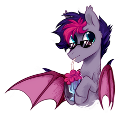 Size: 1100x1000 | Tagged: source needed, safe, artist:mirtash, rcf community, oc, oc only, oc:retro wave, species:bat pony, species:pony, bat pony oc, bat wings, cute, glasses, male, milkshake, simple background, solo, straw, white background