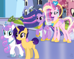 Size: 2500x2000 | Tagged: safe, artist:ilaria122, character:princess cadance, character:princess flurry heart, character:twilight sparkle, character:twilight sparkle (alicorn), oc, oc:shooting star (ilaria122), parent:flash sentry, parent:princess cadance, parent:shining armor, parent:twilight sparkle, parents:flashlight, parents:shiningcadance, species:alicorn, species:pony, cousins, crown, ethereal mane, female, galaxy mane, glowing mane, jewelry, mare, next generation, offspring, older, older flurry heart, regalia, simple background, sisters-in-law, ultimate cadance, ultimate twilight