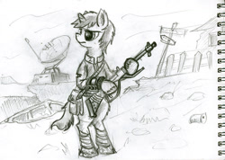 Size: 1024x731 | Tagged: safe, artist:agm, oc, oc only, oc:littlepip, species:anthro, species:pony, species:unicorn, fallout equestria, bag, bipedal, black and white, clothing, colored hooves, equestrian wasteland, fanfic, fanfic art, female, grayscale, gun, hooves, horn, mare, monochrome, pipbuck, solo, vault suit, wasteland, weapon
