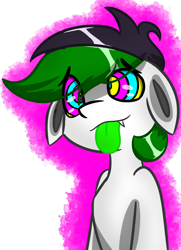 Size: 926x1280 | Tagged: safe, artist:askhypnoswirl, oc, species:earth pony, species:pony, bust, colored tongue, fangs, floppy ears, hypnosis, hypnotized, simple background, swirly eyes, tongue out, transparent background
