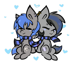 Size: 1000x879 | Tagged: safe, artist:ashee, oc, oc only, oc:moonslurps, oc:nightglider, species:bat pony, blushing, brother and sister, clothing, cute, ear piercing, earring, eyes closed, female, heart, jewelry, male, piercing, scarf, shared clothing, shared scarf, simple background, transparent background