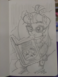 Size: 1536x2048 | Tagged: safe, artist:latecustomer, character:moondancer, species:pony, species:unicorn, book, cute, dancerbetes, dungeons and dragons, female, glasses, magic, mare, ogres and oubliettes, solo, traditional art