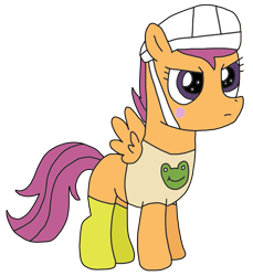 Size: 983x1074 | Tagged: safe, artist:supahdonarudo, character:scootaloo, species:pegasus, species:pony, animal crossing, clothing, cosplay, costume, female, frog, helmet, name pun, scoot (animal crossing), shirt, simple background, socks, solo, transparent background, vinesauce