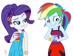 Size: 953x740 | Tagged: safe, artist:ilaria122, character:rainbow dash, character:rarity, equestria girls:spring breakdown, g4, my little pony: equestria girls, my little pony:equestria girls, spoiler:eqg series (season 2), blue skin, blushing, bracelet, braid, clothing, cute, dashabetes, dress, embarrassed, eyeshadow, female, glass, hairclip, headband, implied shipping, implied soarin', implied soarindash, implied straight, jewelry, lidded eyes, makeup, male, multicolored hair, rainbow dash always dresses in style, simple background, straight, transparent background