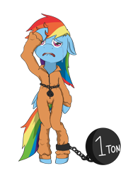 Size: 4800x7000 | Tagged: safe, artist:chedx, character:rainbow dash, absurd resolution, abuse, ball and chain, bound wings, chains, clothing, crying, dashabuse, female, padlock, prison outfit, prisoner, prisoner rd, sad, simple background, solo, transparent background
