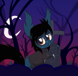 Size: 1495x1471 | Tagged: safe, artist:dragonpone, derpibooru original, species:earth pony, species:pony, bags under eyes, blood, blood stains, bloodshot eyes, bone, cheek fluff, clothing, crescent moon, dead tree, dripping blood, ear fluff, eyeliner, eyeshadow, fangs, gravestone, graveyard, lidded eyes, lip piercing, makeup, male, moon, oliver sykes, piercing, ponified, rainbow blood, scar, shirt, solo, stallion, stitches, tattoo, torn ear, tree, undead, zombie, zombie pony