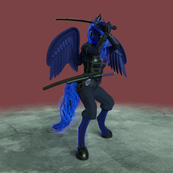 Size: 2160x2160 | Tagged: safe, artist:stellarator, character:princess luna, species:alicorn, species:anthro, species:pony, species:unguligrade anthro, 3d, armor, arrow, blender, cycles, daisho, defensive, diadem, female, hipposandals, hooves, horn, jewelry, katana, leather, leather armor, mare, not sfm, solo, sword, tiara, wakizashi, weapon, wings, wip