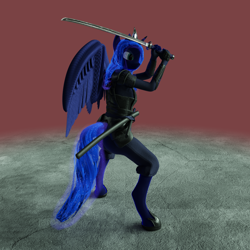 Size: 1280x1280 | Tagged: safe, artist:stellarator, character:princess luna, species:alicorn, species:anthro, species:pony, species:unguligrade anthro, 3d, armor, arrow, blender, cycles, daisho, defensive, diadem, female, hipposandals, hooves, horn, jewelry, katana, leather, leather armor, mare, not sfm, solo, sword, tiara, wakizashi, weapon, wings, wip