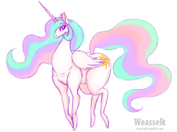 Size: 1000x749 | Tagged: safe, artist:weasselk, character:princess celestia, species:alicorn, species:pony, doodle, ethereal mane, female, flowing mane, flowing tail, mare, missing accessory, multicolored hair, plump, simple background, smiling, solo, the ass was fat, white background