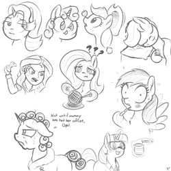 Size: 2000x2000 | Tagged: safe, artist:yakoshi, character:applejack, character:fluttershy, character:rainbow dash, character:rarity, character:scootaloo, character:starlight glimmer, character:sunset shimmer, character:sweetie belle, character:twilight sparkle, species:earth pony, species:pegasus, species:pony, species:unicorn, apple, chopsticks, clothing, controller, female, filly, food, goggles, lab coat, majestic as fuck, makeup, mare, monochrome, plushie, question mark, robe, science, simple background, sketch, sleeping, sweat, sweatdrop, waffle, white background