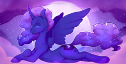 Size: 3350x1700 | Tagged: safe, artist:amberpendant, character:princess luna, species:pony, cloud, looking at you, lying down, moon, night, stars
