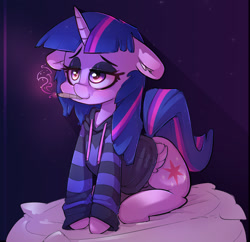 Size: 1808x1752 | Tagged: safe, artist:hoodie, character:twilight sparkle, character:twilight sparkle (alicorn), species:alicorn, species:pony, clothing, drugs, female, heart, high, highlight sparkle, hoodie, joint, marijuana, pillow, smiling, stoned