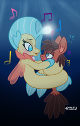 Size: 768x1200 | Tagged: safe, artist:snakeythingy, character:princess skystar, oc, oc:sketchy dupe, species:seapony (g4), my little pony: the movie (2017), canon x oc, coils, hypnosis, looking at each other, mermay, music notes, seaponified, singing, species swap, story included