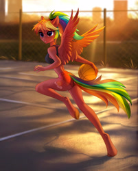 Size: 1400x1739 | Tagged: safe, artist:tomatocoup, oc, oc only, oc:spectrum dash, species:alicorn, species:anthro, species:pony, species:unguligrade anthro, alicorn oc, asphalt, ball, basketball, clothing, explicit source, female, midriff, shorts, solo, sports, street, sunset, wings, ych result