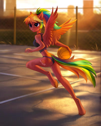 Size: 1280x1590 | Tagged: safe, alternate version, artist:tomatocoup, oc, oc only, oc:spectrum dash, species:alicorn, species:anthro, species:pony, species:unguligrade anthro, alicorn oc, asphalt, ball, basketball, clothing, explicit source, female, rainbow hair, rainbow tail, solo, sports, street, sunset, swimsuit, wings, ych result