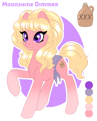 Size: 950x1191 | Tagged: safe, artist:silkensaddle, oc, oc:moonshine dimmer, species:earth pony, species:pony, alcohol, blonde, moonshine, raised hoof, simple background, solo, transparent background