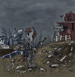 Size: 1024x1059 | Tagged: safe, artist:agm, oc, oc only, oc:littlepip, species:pony, species:unicorn, fallout equestria, bandage, bipedal, bygone civilization, clothing, cloud, cloudy, colored hooves, dead tree, equestrian wasteland, fanfic, fanfic art, female, gun, hooves, horn, mare, optical sight, pipbuck, rifle, ruins, semi-anthro, solo, tree, vault suit, wasteland, weapon