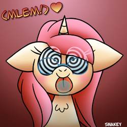 Size: 768x768 | Tagged: safe, artist:snakeythingy, oc, oc:rose pendant, blushing, commission, gradient background, hypnosis, licking, licking the fourth wall, mlem, silly, swirly eyes, tongue out, ych result
