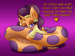 Size: 1040x768 | Tagged: safe, artist:snakeythingy, character:saffron masala, species:lamia, blushing, dialogue, female, gradient background, heart, hugs needed, lamiafied, looking at you, original species, snake pony, solo, species swap