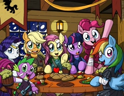 Size: 1650x1276 | Tagged: safe, artist:latecustomer, character:applejack, character:fluttershy, character:pinkie pie, character:rainbow dash, character:rarity, character:spike, character:twilight sparkle, adventurers, adventuring party, bandage, clothing, fantasy class, feast, lunch, mane seven, scar
