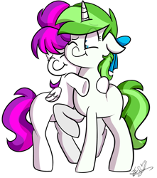 Size: 2593x2928 | Tagged: safe, artist:befishproductions, oc, oc only, oc:minty root, oc:snow kicker, species:pegasus, species:pony, species:unicorn, bow, female, hair bow, heart eyes, hug, simple background, sisters, transparent background, wingding eyes