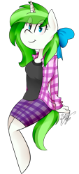 Size: 2011x4468 | Tagged: safe, artist:befishproductions, oc, oc only, oc:minty root, species:anthro, species:pony, species:unicorn, anatomically incorrect, bow, eye clipping through hair, hair bow, incorrect leg anatomy, plaid, plaid shirt, plaid skirt, simple background, solo, transparent background