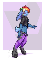 Size: 2850x4000 | Tagged: safe, artist:krd, character:rainbow dash, non-mlp oc, oc, oc:ayase, species:anthro, species:plantigrade anthro, species:rabbit, bodysuit, boots, bunnified, bunny ears, bunny girl, bunny tail, candy, clothing, clothing transformation, ear piercing, food, furry, inanimate tf, jacket, latex, latex suit, leather jacket, lollipop, piercing, shoes, species swap, transformation