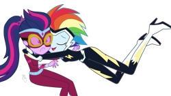 Size: 2048x1153 | Tagged: safe, artist:ilaria122, character:masked matter-horn, character:rainbow dash, character:twilight sparkle, character:twilight sparkle (scitwi), character:zapp, species:eqg human, episode:power ponies, equestria girls:movie magic, g4, my little pony: equestria girls, my little pony: friendship is magic, my little pony:equestria girls, spoiler:eqg specials, boots, clothing, costume, female, flying, geode of super speed, geode of telekinesis, glomp, goggles, high heel boots, high heels, hug, magical geodes, out of context, ponytail, simple background, superhero, transparent background, vector