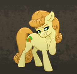 Size: 670x648 | Tagged: safe, artist:haretrinity, character:carrot top, character:golden harvest, species:earth pony, species:pony, eyelashes, female, floppy ears, grin, looking at you, mare, raised hoof, simple background, smiling, solo