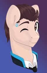 Size: 1284x2000 | Tagged: safe, artist:tigra0118, species:pony, android, bust, clothing, connor, crossover, detroit: become human, gradient background, looking at you, male, one eye closed, ponified, portrait, rk800, smiling, solo, stallion, suit, wink