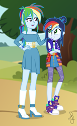 Size: 421x690 | Tagged: safe, artist:ilaria122, character:rainbow dash, oc, oc:sky, parent:rainbow dash, parent:soarin', parents:soarindash, my little pony:equestria girls, belt, boots, bracelet, choker, clothing, converse, equestria girls-ified, geode of super speed, high heel boots, high heels, jersey, jewelry, leggings, magical geodes, mother and daughter, next generation, offspring, older, older rainbow dash, park, piercing, ponytail, shoes, simple background, smiling, sneakers, socks, walking
