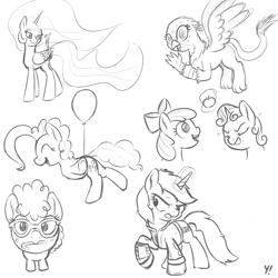 Size: 2000x2000 | Tagged: safe, artist:yakoshi, character:apple bloom, character:gabby, character:philomena, character:pinkie pie, character:princess celestia, character:sweetie belle, character:twist, oc, oc:littlepip, species:alicorn, species:earth pony, species:griffon, species:phoenix, species:pony, species:unicorn, fallout equestria, apple, balloon, black and white, blushing, bow, candy, candy cane, clothing, cutie mark, eyes closed, fanfic, fanfic art, female, filly, floating, foal, food, glasses, glowing horn, grayscale, gritted teeth, hair bow, hooves, horn, levitation, looking at you, looking back, magic, mare, monochrome, mouth hold, nom, open mouth, pipbuck, simple background, sketch, smiling, spread wings, teeth, telekinesis, then watch her balloons lift her up to the sky, underhoof, vault suit, waving, white background, wings