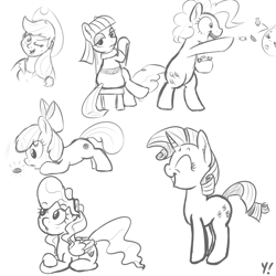 Size: 2000x2000 | Tagged: safe, artist:yakoshi, character:apple bloom, character:applejack, character:maud pie, character:pinkie pie, character:rarity, character:vapor trail, species:earth pony, species:human, species:pegasus, species:pony, species:unicorn, g4, bipedal, bit, blushing, candy, chair, clothing, coin, crossed hooves, excited, eyes closed, female, filly, food, freckles, holding, humanized, looking at you, looking back, lying down, mare, monochrome, one eye closed, open mouth, simple background, sketch, smiling, throwing, white background, wink