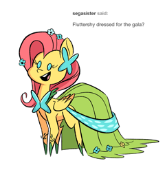 Size: 1317x1373 | Tagged: safe, artist:fluttershythekind, character:fluttershy, species:pegasus, species:pony, ask, clothing, cute, dress, female, gala dress, mare, shyabetes, simple background, smiling, solo, tumblr, white background