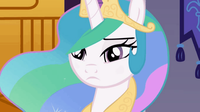 Size: 678x382 | Tagged: safe, artist:forgalorga, character:princess celestia, character:starlight glimmer, animated, close-up, female, gif, give me your wings, letterboxing, staring contest