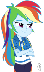Size: 350x571 | Tagged: safe, artist:ilaria122, character:rainbow dash, episode:pinkie pie: snack psychic, g4, my little pony: equestria girls, my little pony:equestria girls, bedroom eyes, clothing, crossed arms, cute, dashabetes, female, geode of super speed, jacket, magical geodes, pants, shirt, simple background, smiling, smirk, solo, t-shirt, transparent background